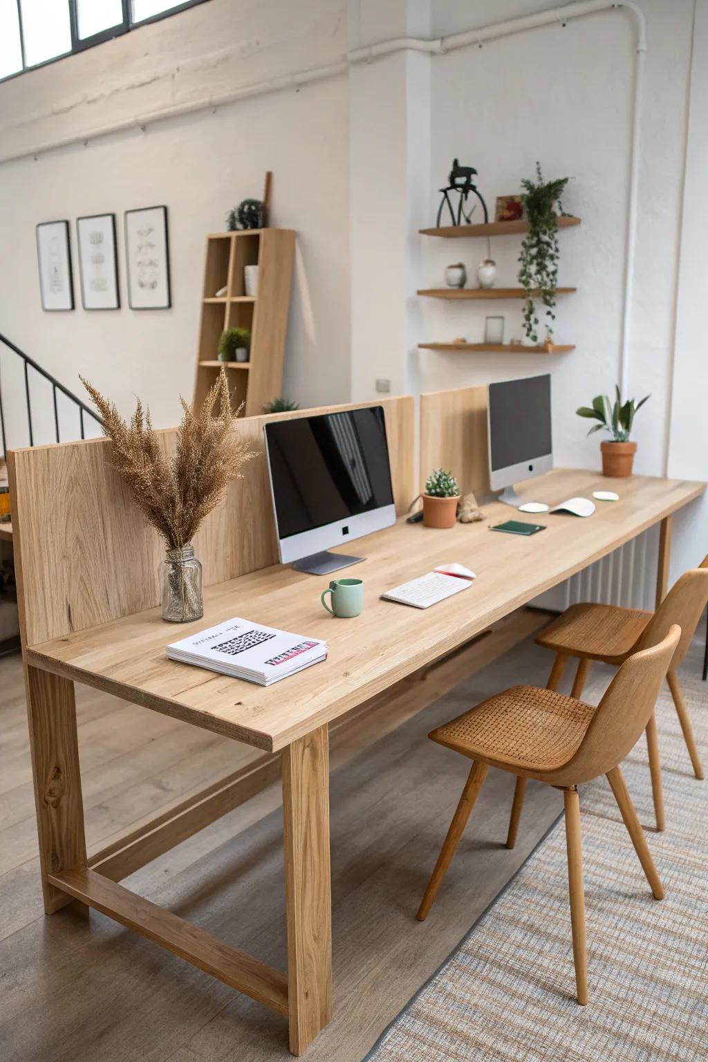 Light oak shared bench desk with airy slat dividers—minimal, boho-leaning, and unified.