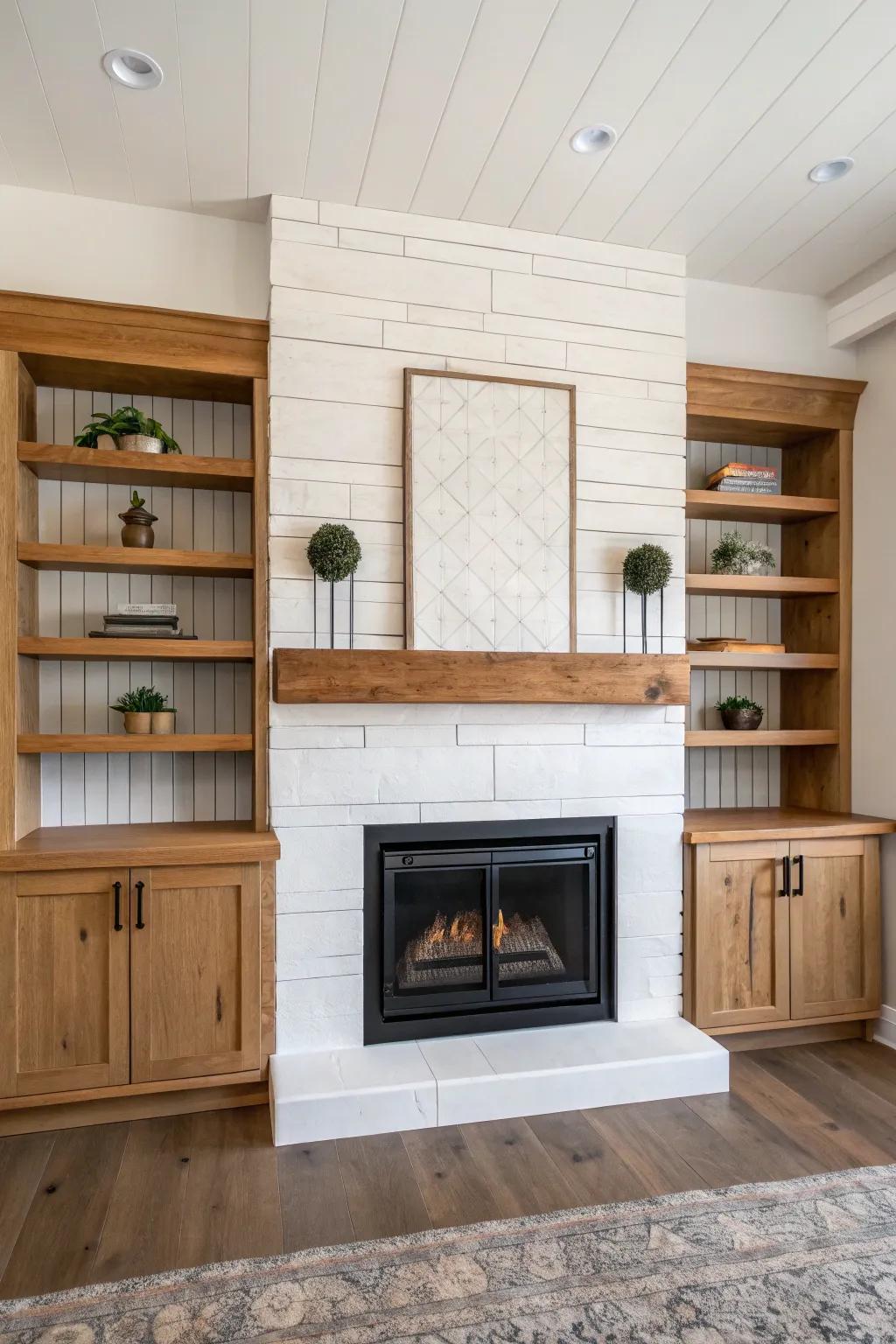 Symmetrical wood built-ins flanking a modern rustic fireplace—clean lines, warm oak, bold contrast.