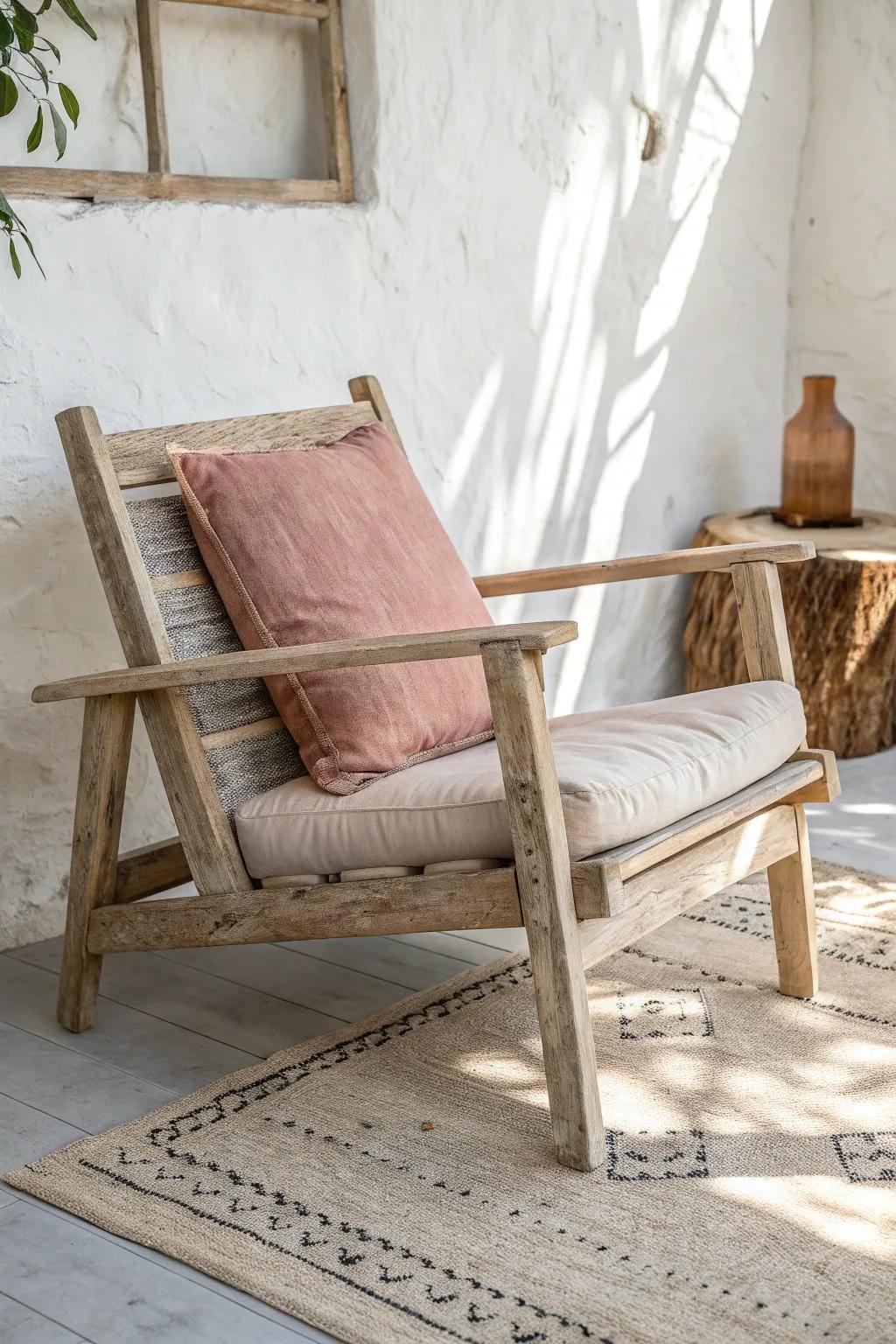 A single dusty-blush accent cushion softens distressed wood and creamy whites—modern romance.