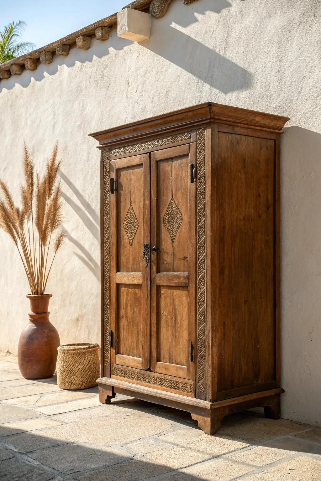 One antique wood cabinet with honest patina—instant modern traditional warmth.