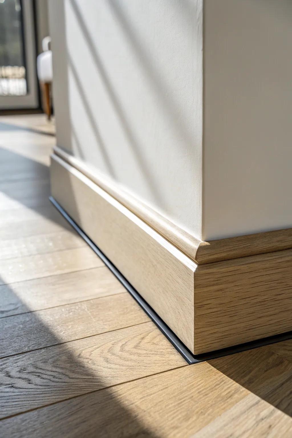 Shadow gap baseboards: a sleek floating-wall look with warm oak and a crisp dark reveal.
