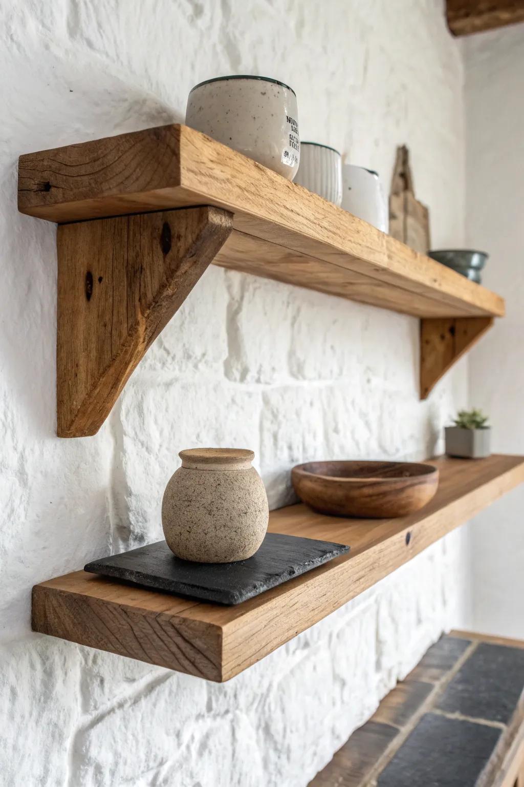 Reclaimed oak shelf + charcoal stone—modern Tudor kitchen contrast with timeless warmth.