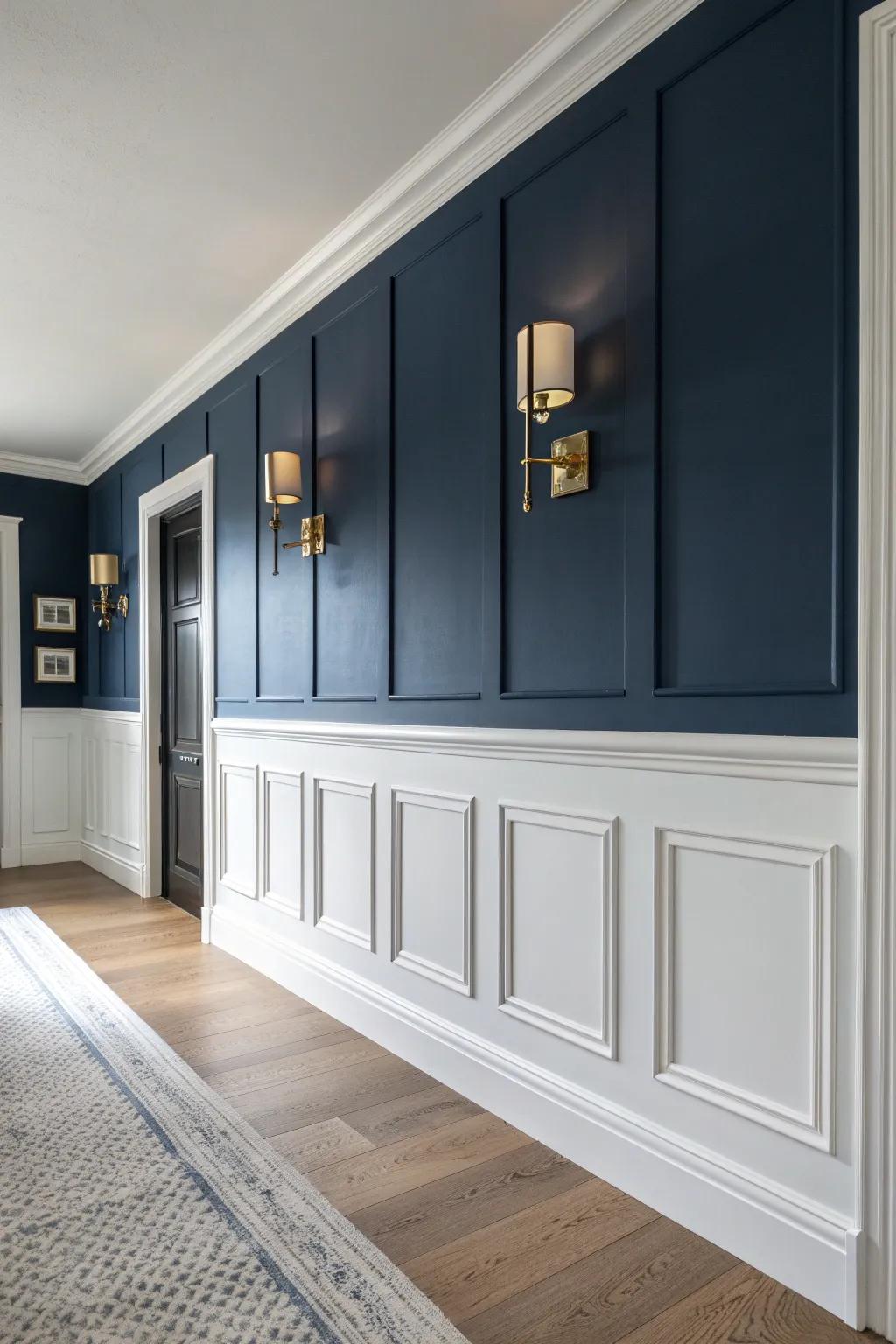 Chair rail with crisp upper frames—light oak craftsmanship and bold color for dreamy hallway shadows.