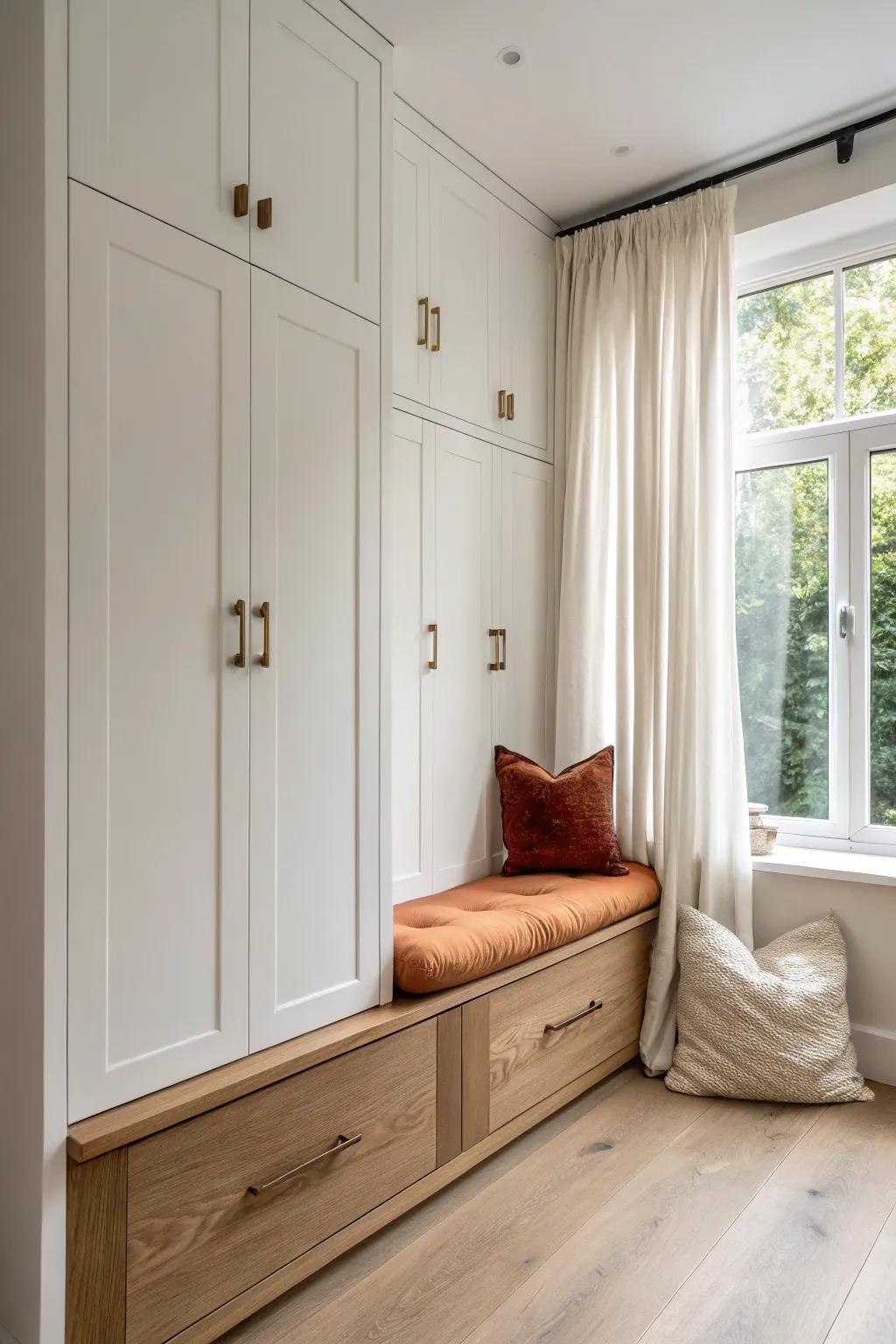 A built-in window seat nestled between wardrobes—clean, cozy, and beautifully intentional.