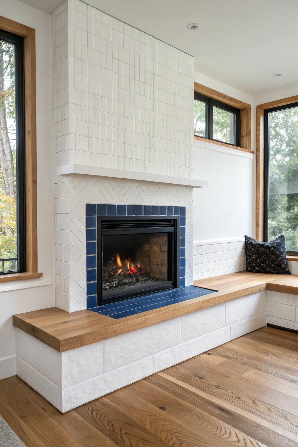 Modern corner wood fireplace with a wraparound oak seat—minimal lines, cozy nook, bold contrast.