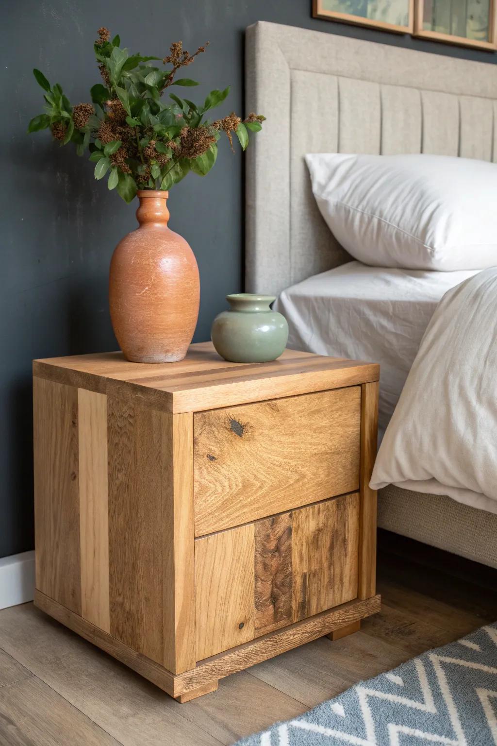 Chunky offcut nightstand with carved edges—mountain-lodge warmth in a clean, modern look.
