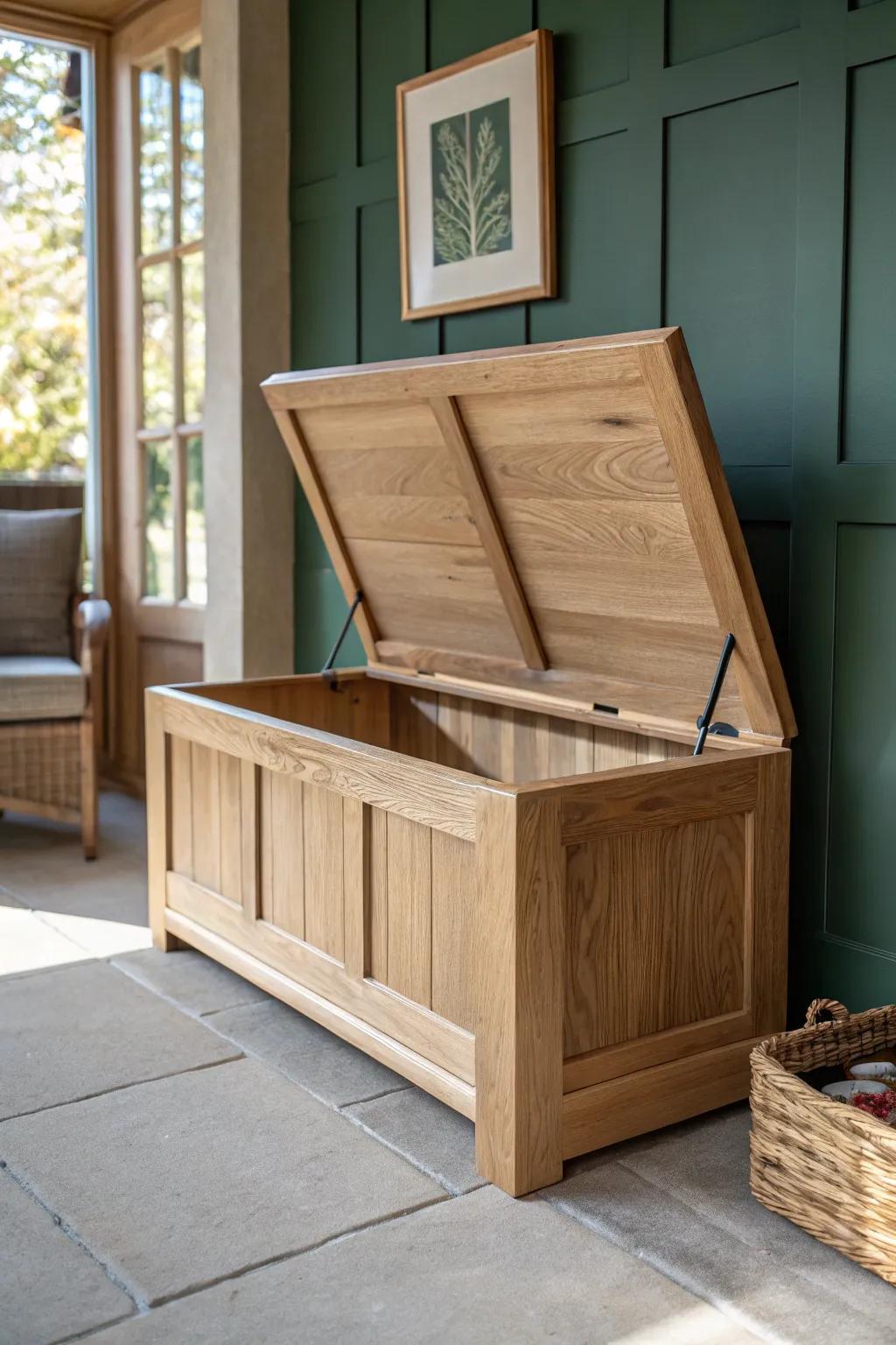 A lift-top cedar mudroom bench that hides mountain gear—minimal, warm, and ready for boots.