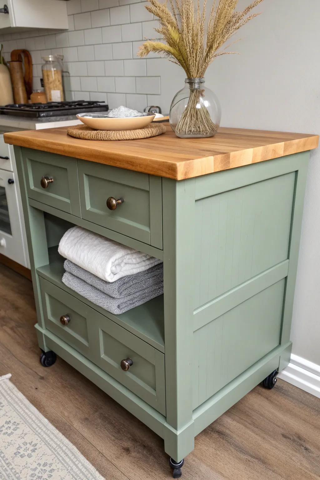 Upcycled dresser rolling island—built-in drawers, butcher-block top, and lockable casters.