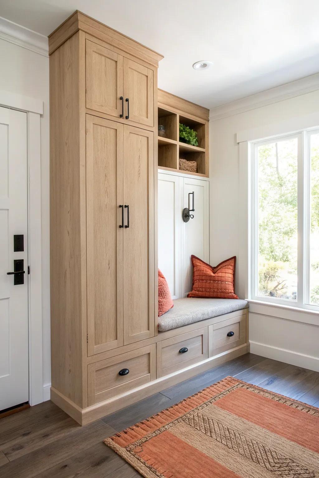 A space-saving corner mudroom cabinet with an angled bench—custom look, warm oak, bold accents.