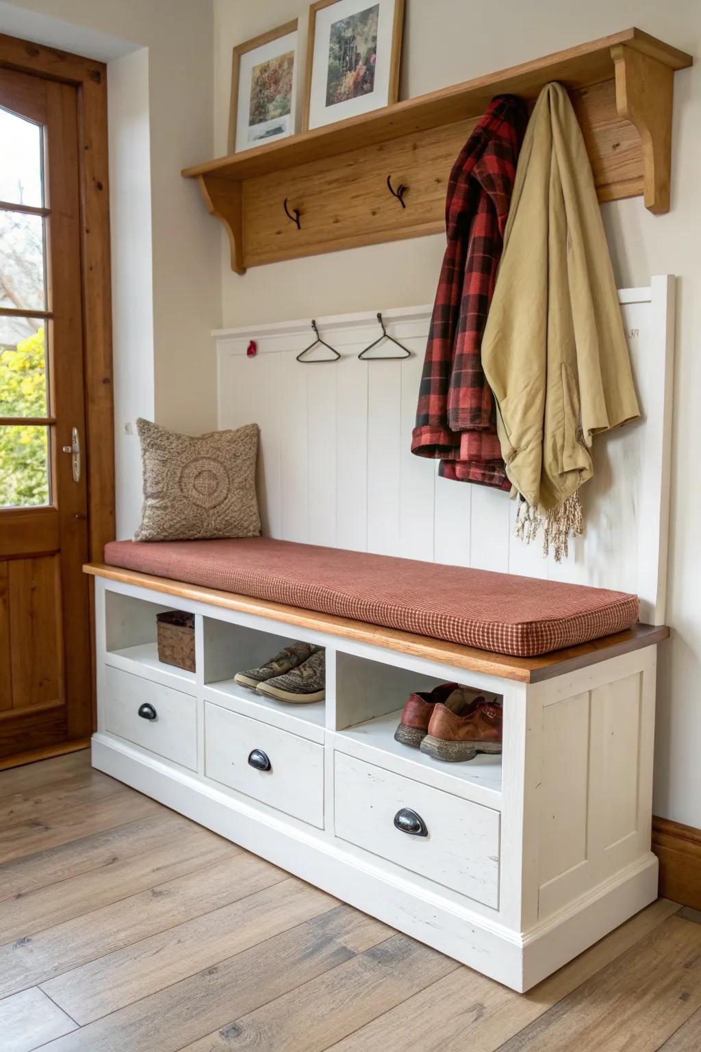Upcycled dresser turned mudroom bench—warm oak cap, bold terracotta accent, and smart cubby storage.
