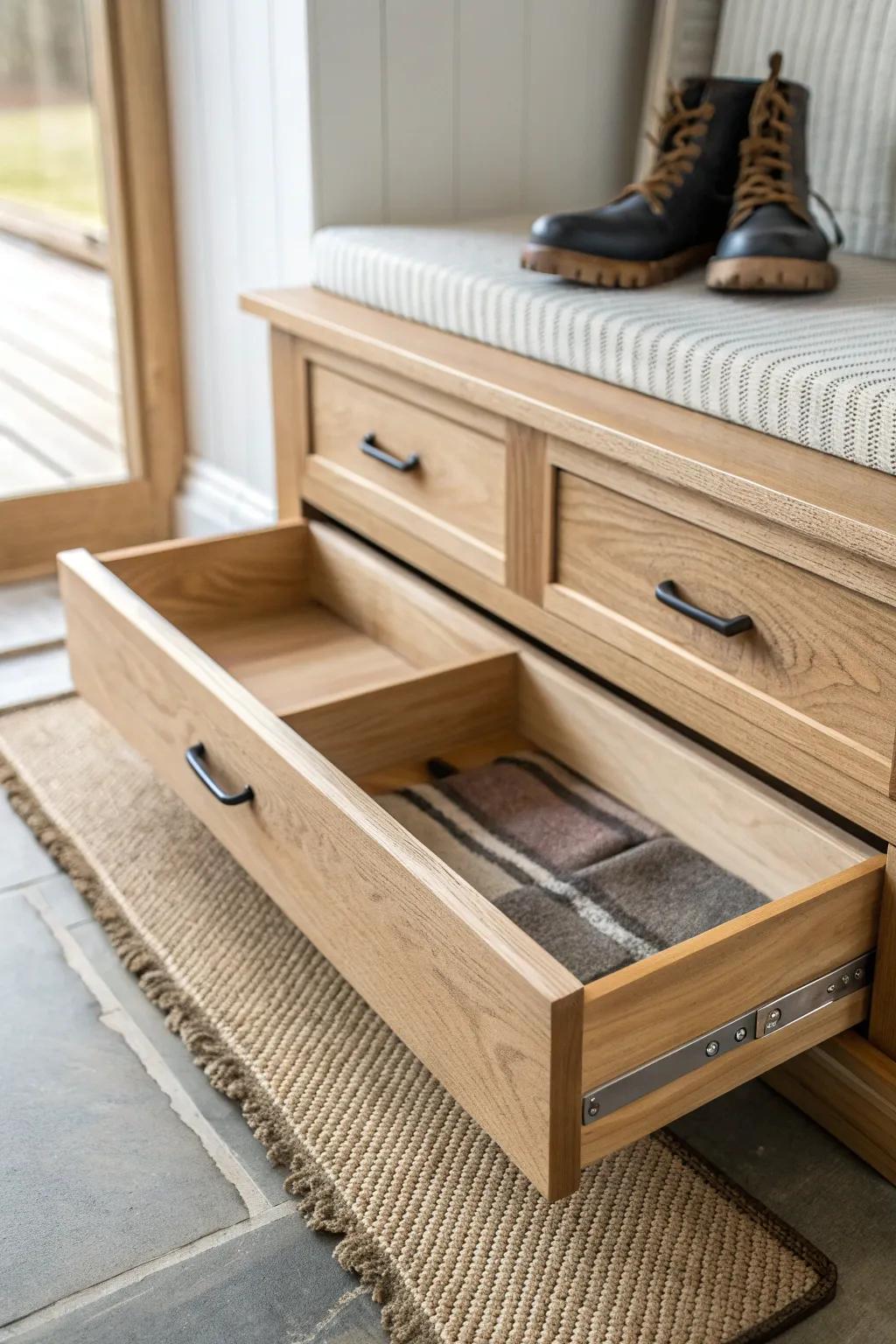 Pull-out boot tray drawer: slide out, catch drips and grit, wipe clean—mudroom magic.