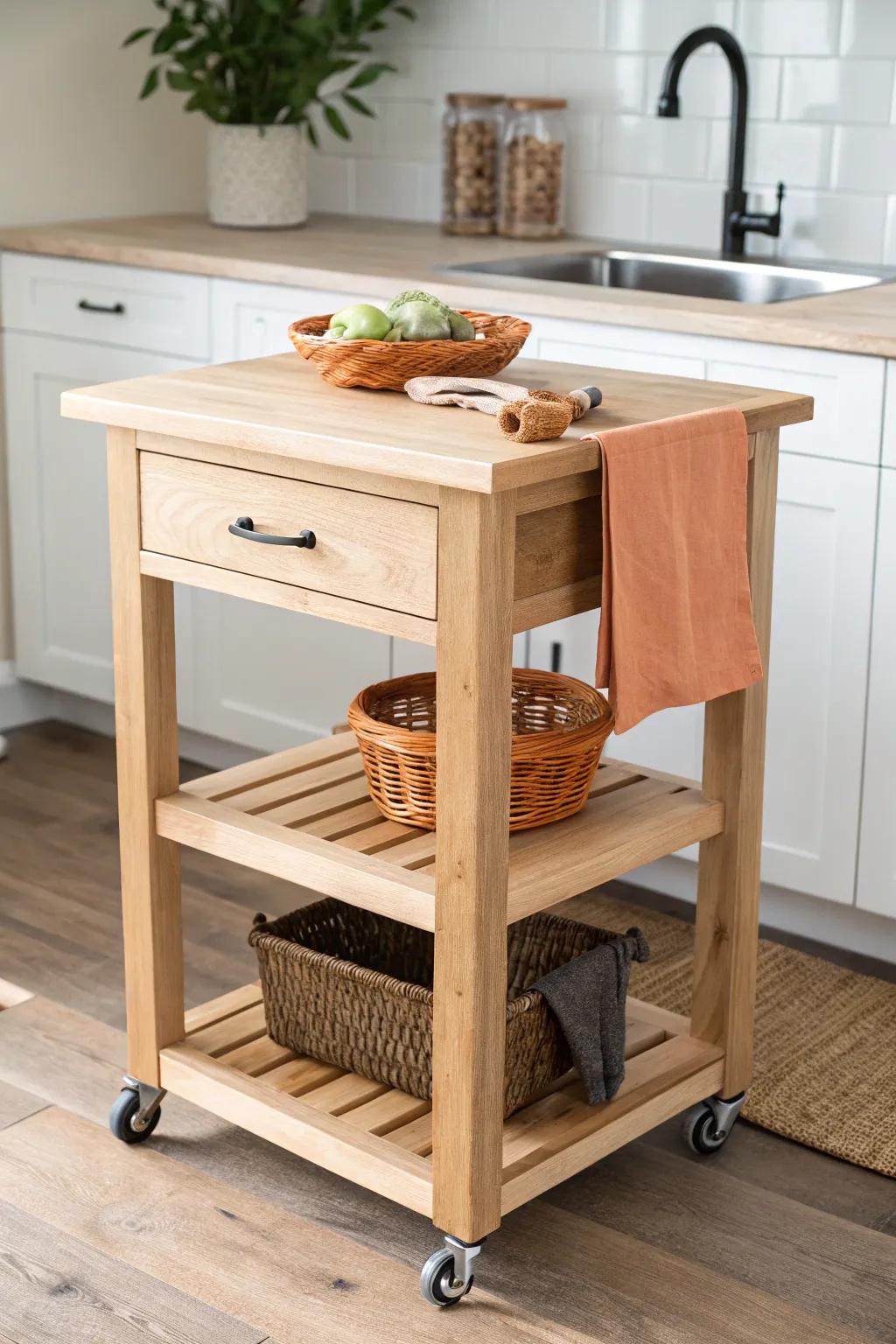 Rolling oak island that lifts to dining height—small-space prep, storage, and table in one.
