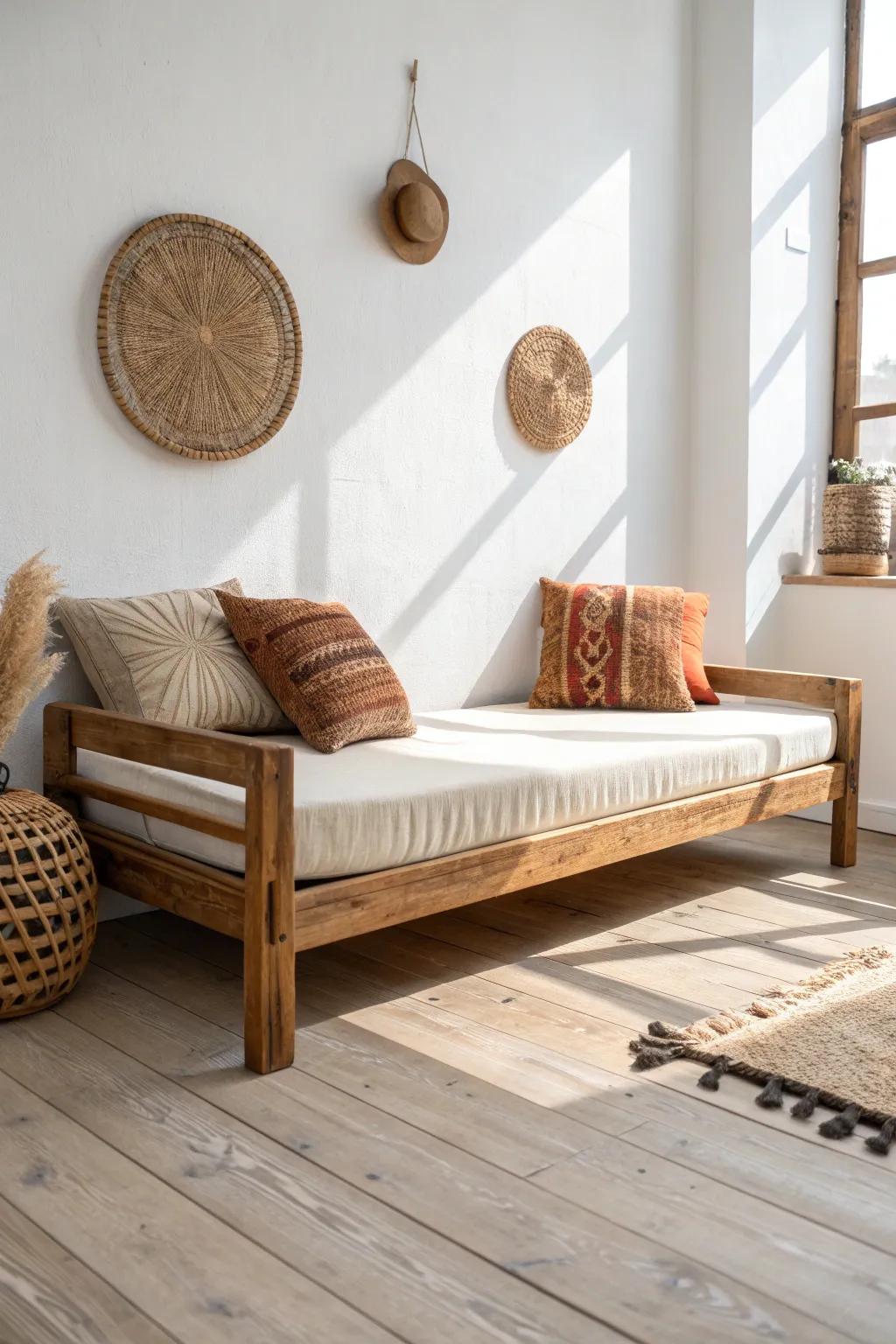 Rustic 2x-lumber daybed styling—minimal, boho-soft, and perfect for shared rooms.