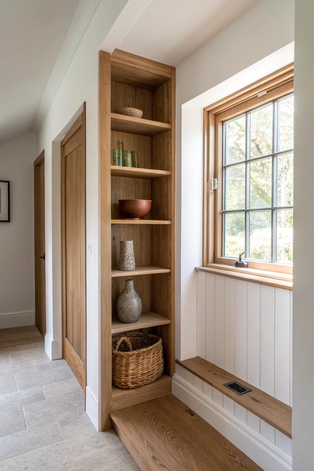 Recessed niche shelves between studs add hallway storage without stealing walkway space.