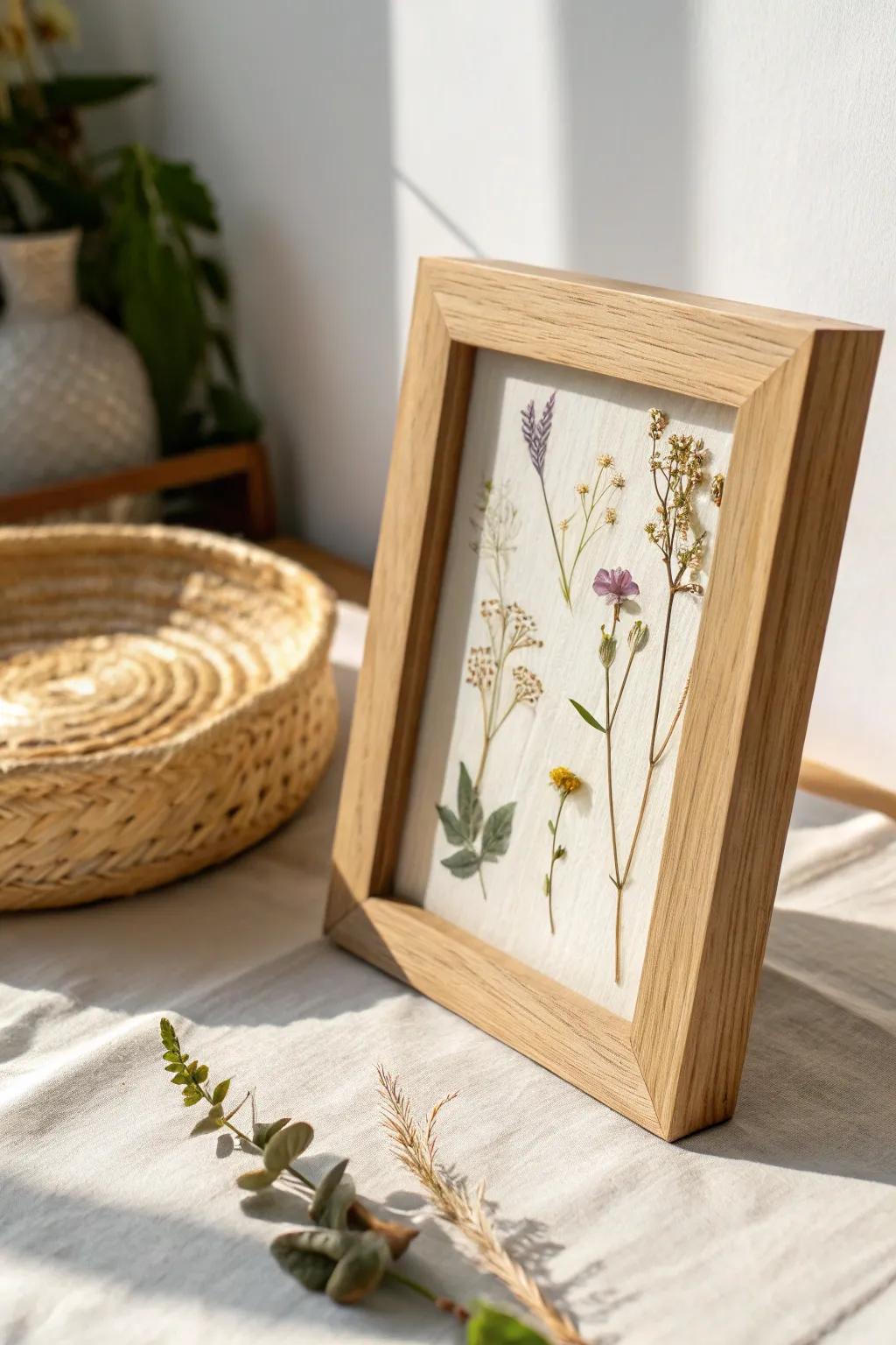 Pressed leaves in a sleek oak frame—soft, airy botanical art with a bold pop of color.