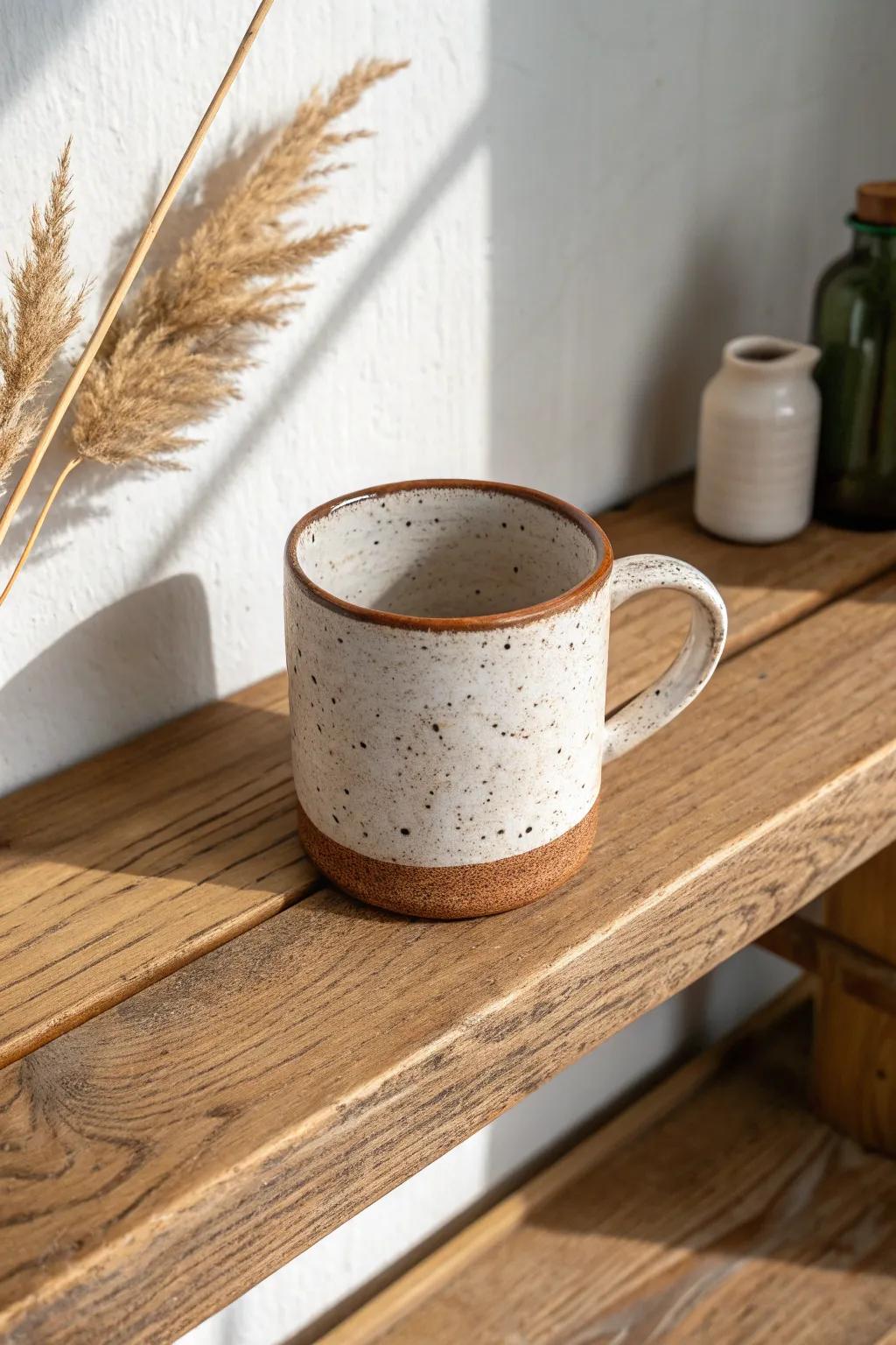 A single stoneware mug on an oak ledge—minimal, collected, and naturally beautiful.