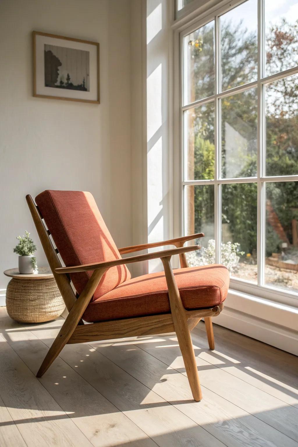 Angle a handcrafted oak chair toward the window—natural light and greenery make the room feel open.
