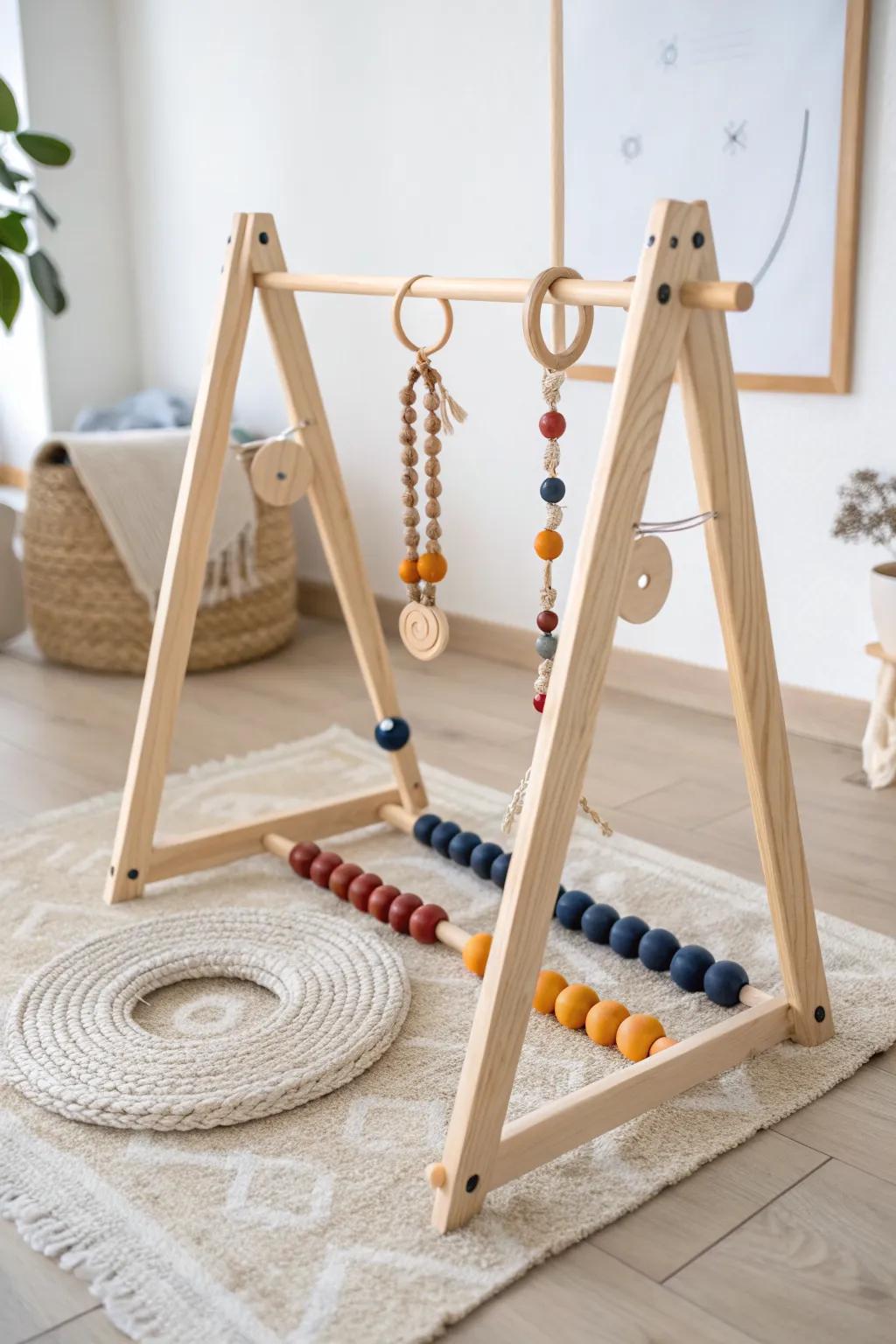 Handmade oak baby gym with linen toys—minimal, calm, and naturally beautiful for a cozy nursery.