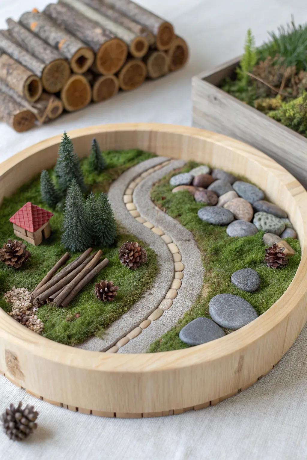 A tiny forest in a wooden play tray—logs, pebble paths, and felt moss for calm, creative play.