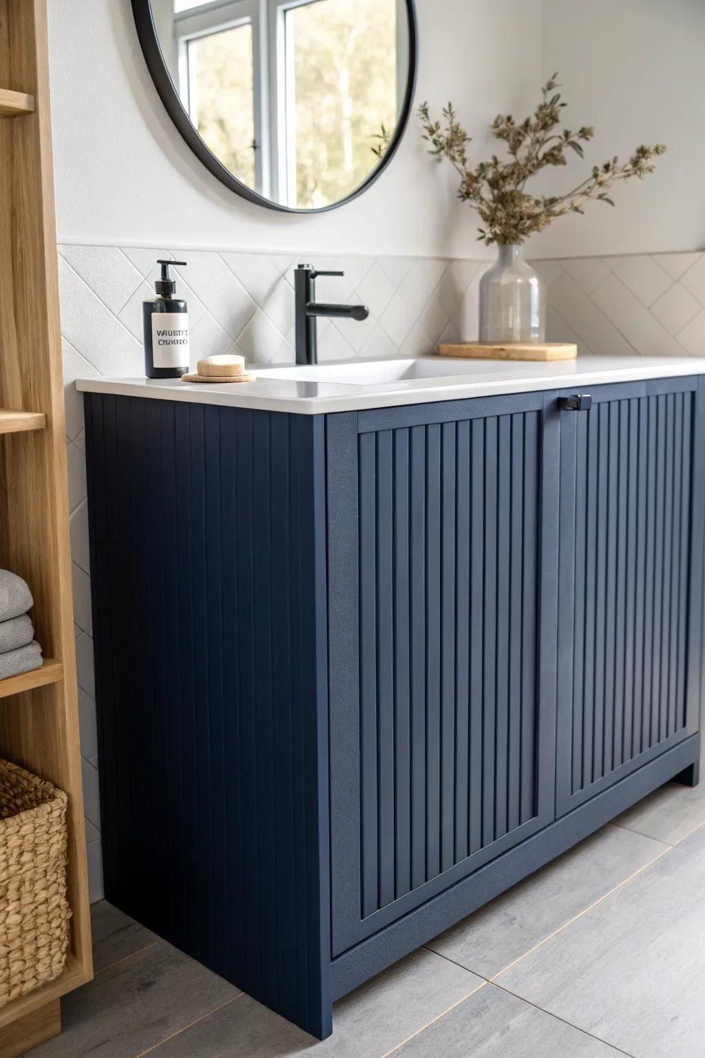 Navy vanity with fluted oak detailing—minimal, bold, and beautifully crafted shadows.