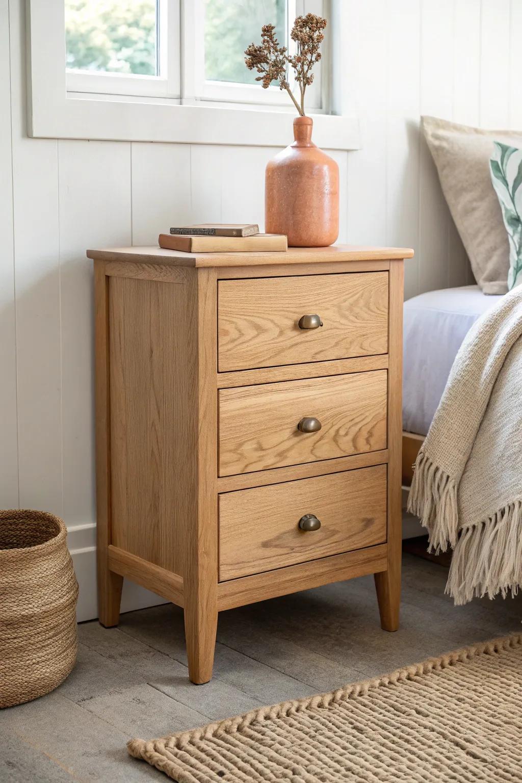 A small oak dresser nightstand—extra drawers, elevated wood top, and cozy minimal style.