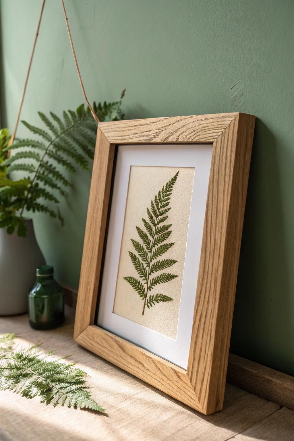 A simple botanical print in a warm oak frame adds nature—without turning the nursery into a theme.