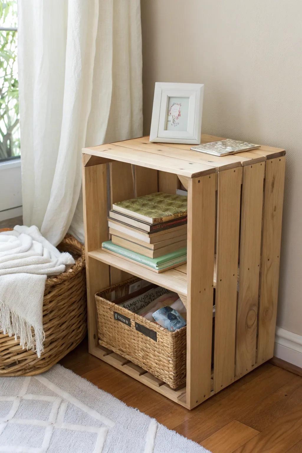Crate cubby side table: smooth stacked wood + woven basket storage for a tidy nursery.