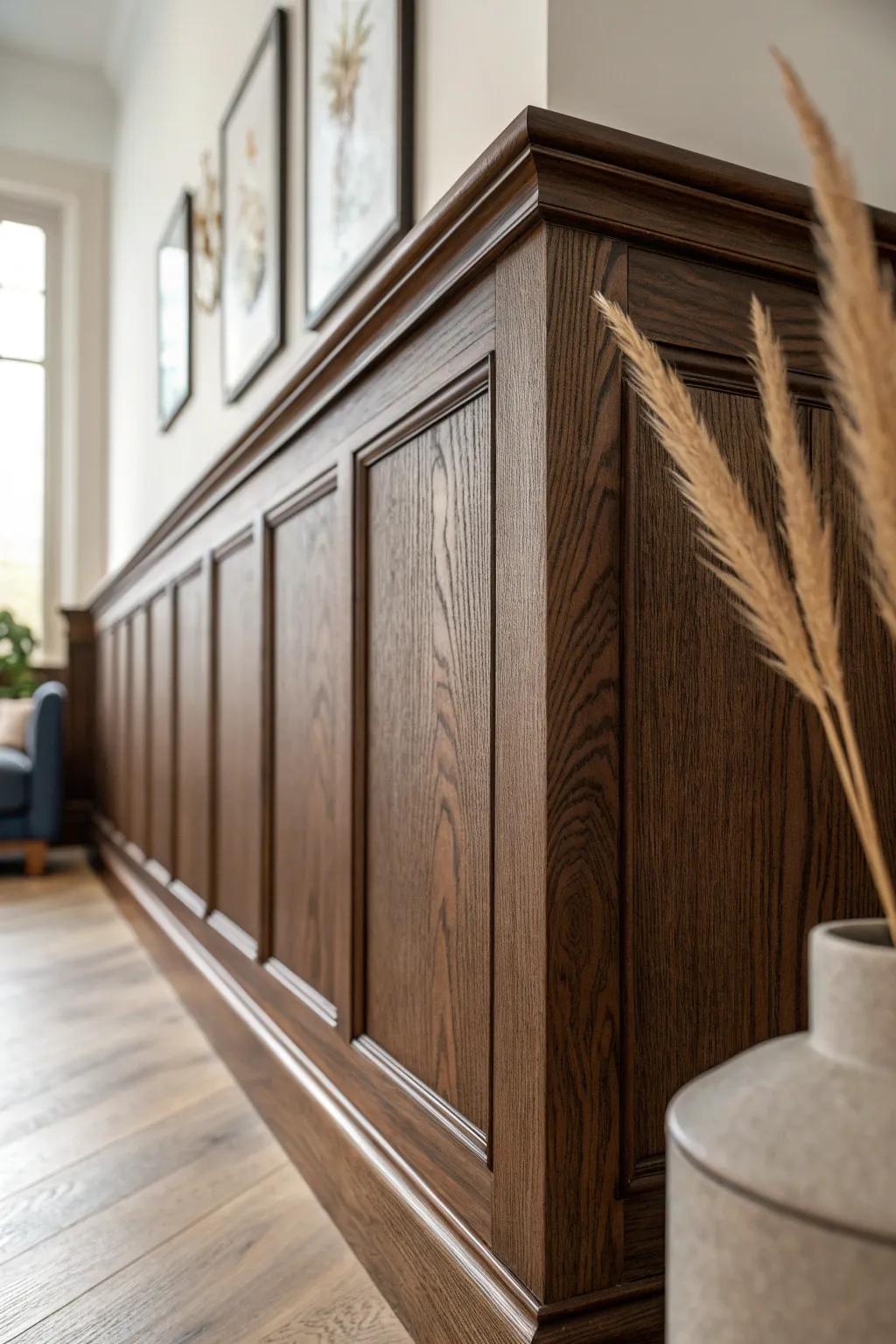 Dark-stained oak wainscoting: cozy, dramatic contrast that keeps moody rooms calm.
