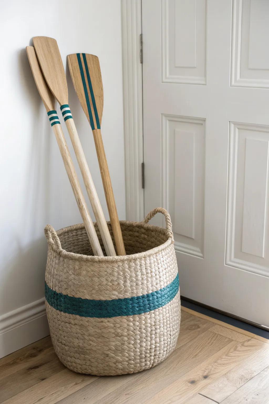 A sculptural basket of oars by the door—mix natural wood with one bold painted accent.