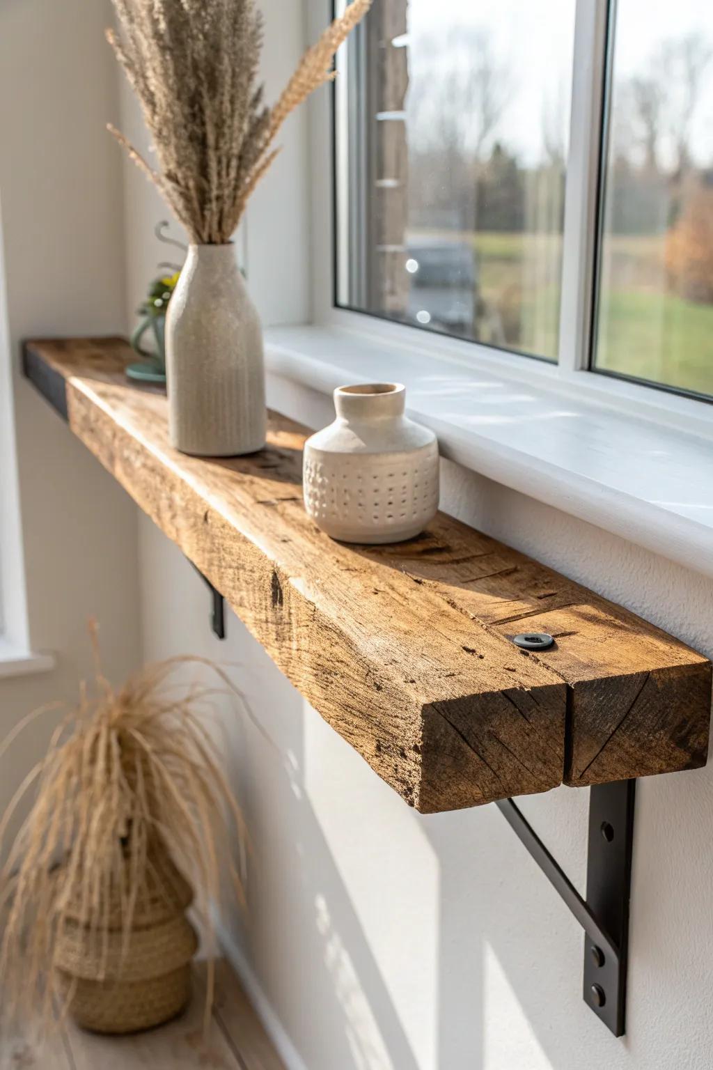 Reclaimed wood + matte-black steel: a modern-rustic shelf detail that elevates any cabin office.