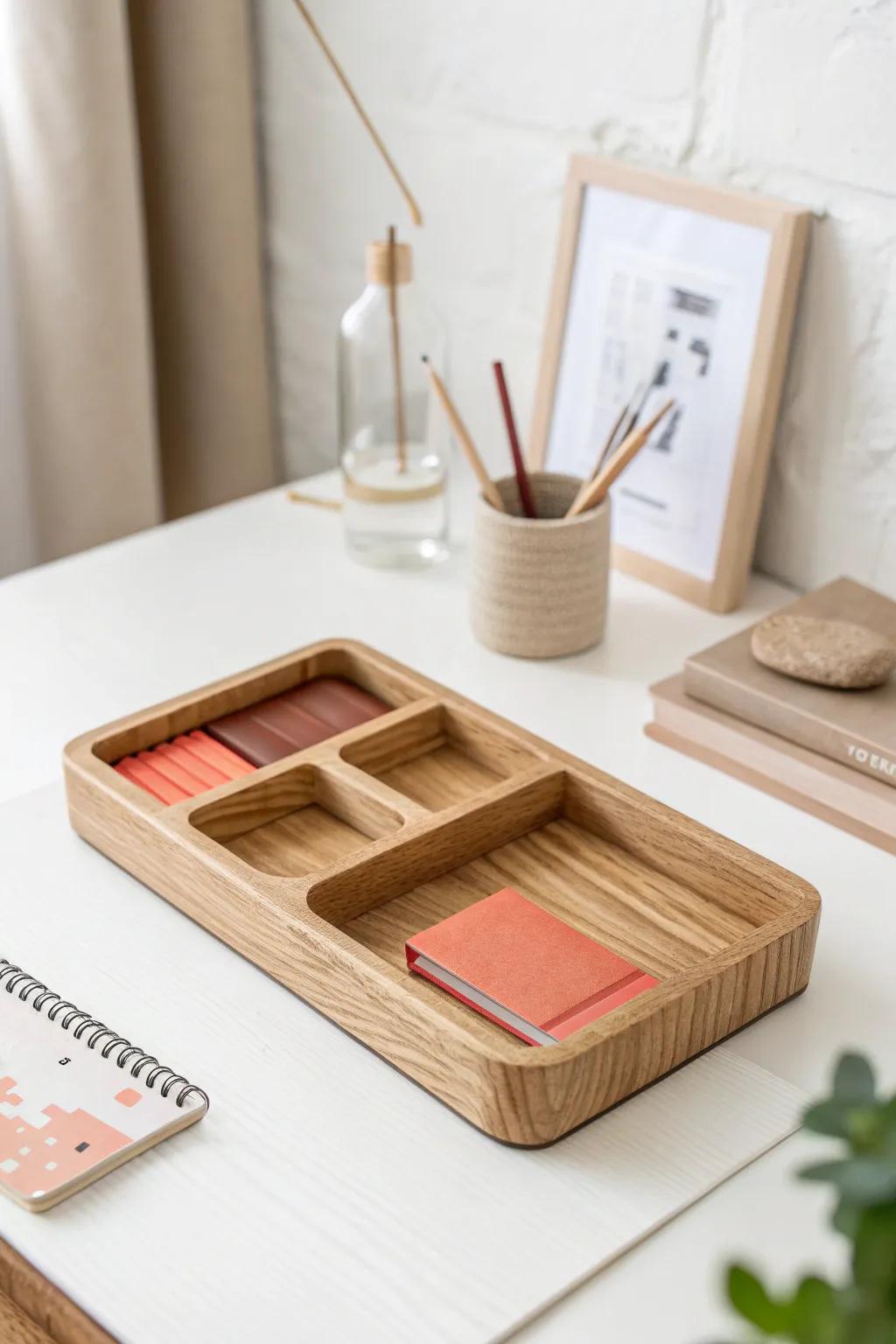 Light oak + soft whites + one coral pop: a handmade desk organizer that stays calm, not noisy.