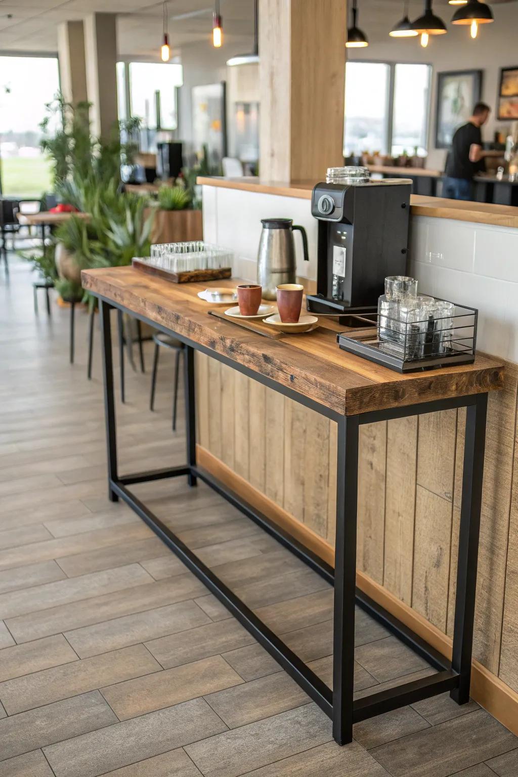 Reclaimed-wood coffee bar console—slim, spill-ready, and instantly welcoming in the lobby.