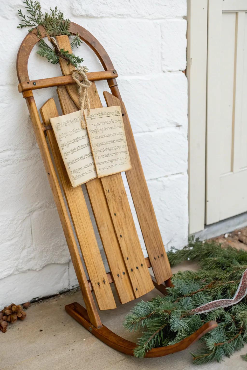 Vintage wooden sled dressed with sheet‑music rosettes and fresh greens—simple, antique charm.