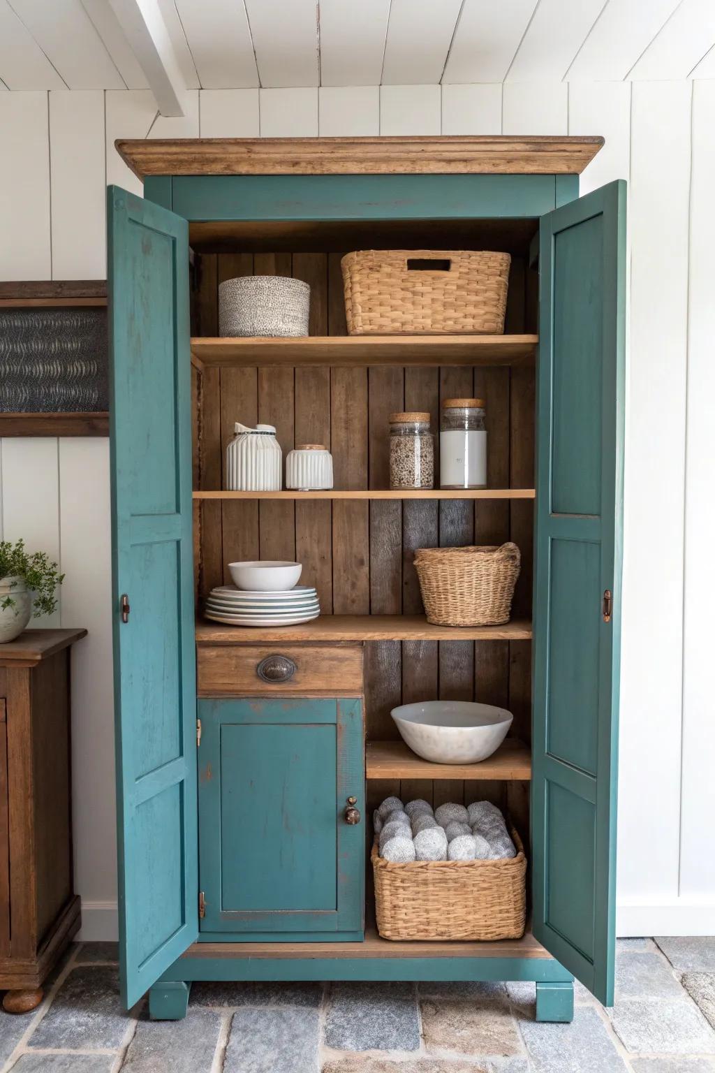 A vintage cupboard turned pantry—bold teal outside, warm oak shelves inside, pure old-kitchen charm.
