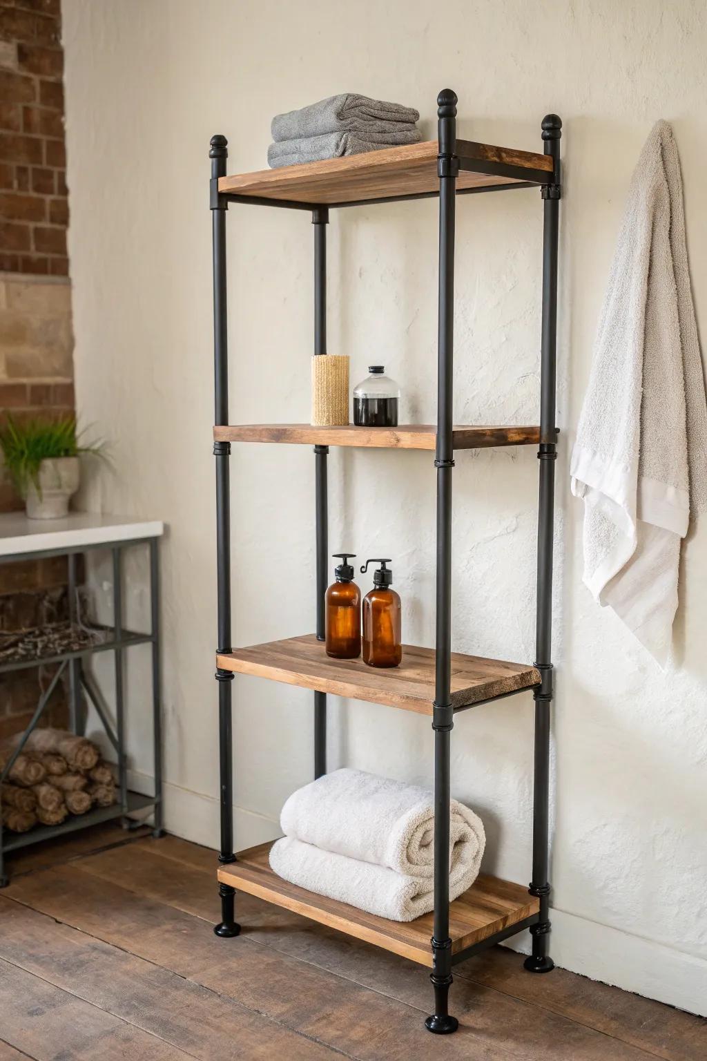 Industrial pipe-frame open cabinet—black steel + thick oak for a spa-meets-workshop look.