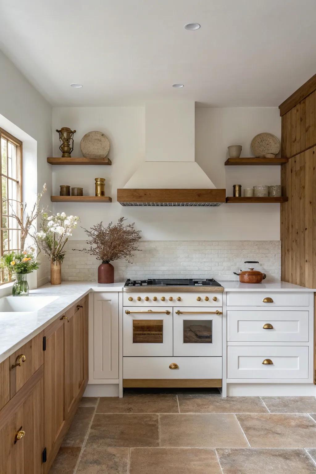 Symmetrical open wood shelving flanking the range adds balance, warmth, and a crafted focal point.