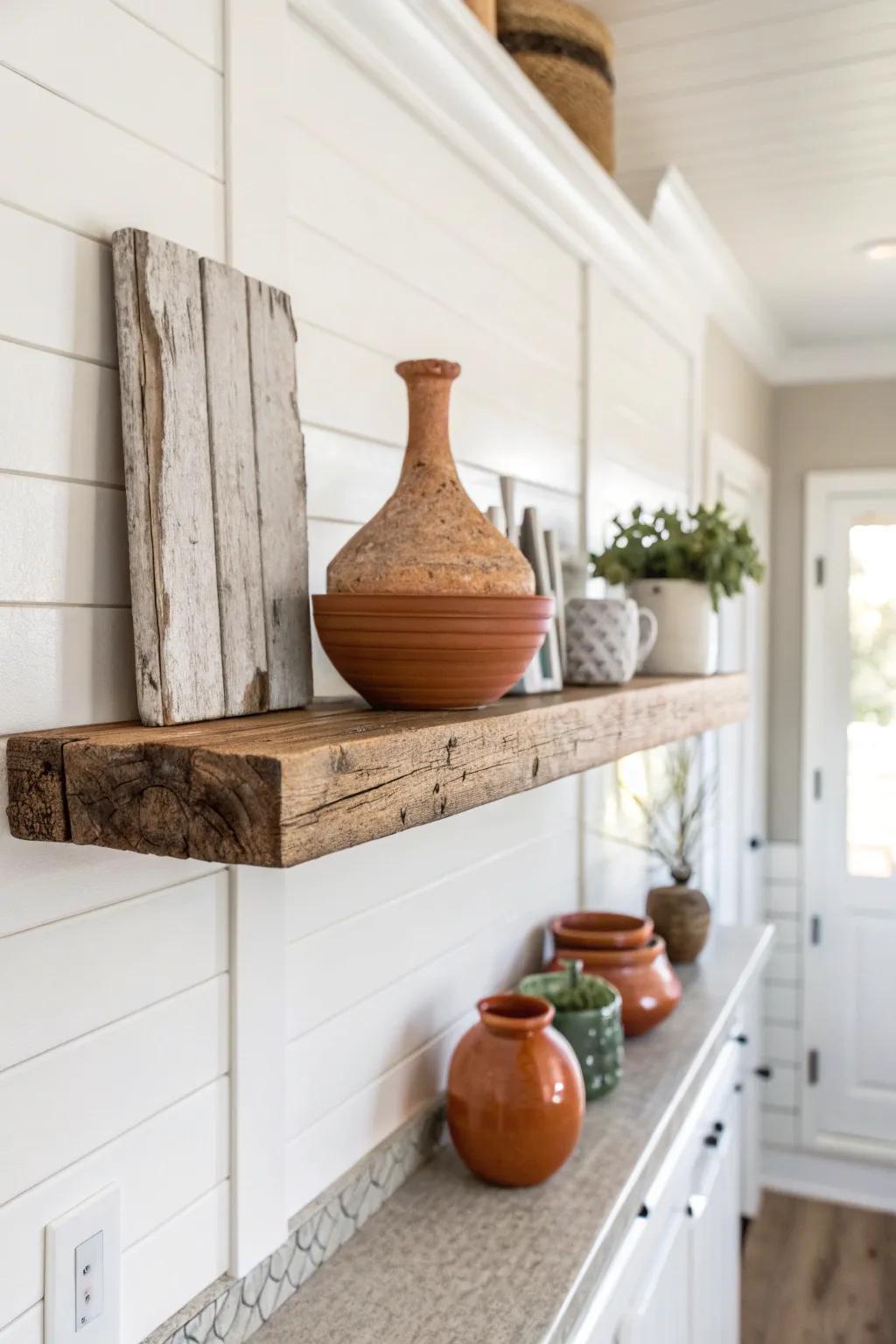 Reclaimed wood open shelf that bridges kitchen and living space—minimal, warm, and bold.