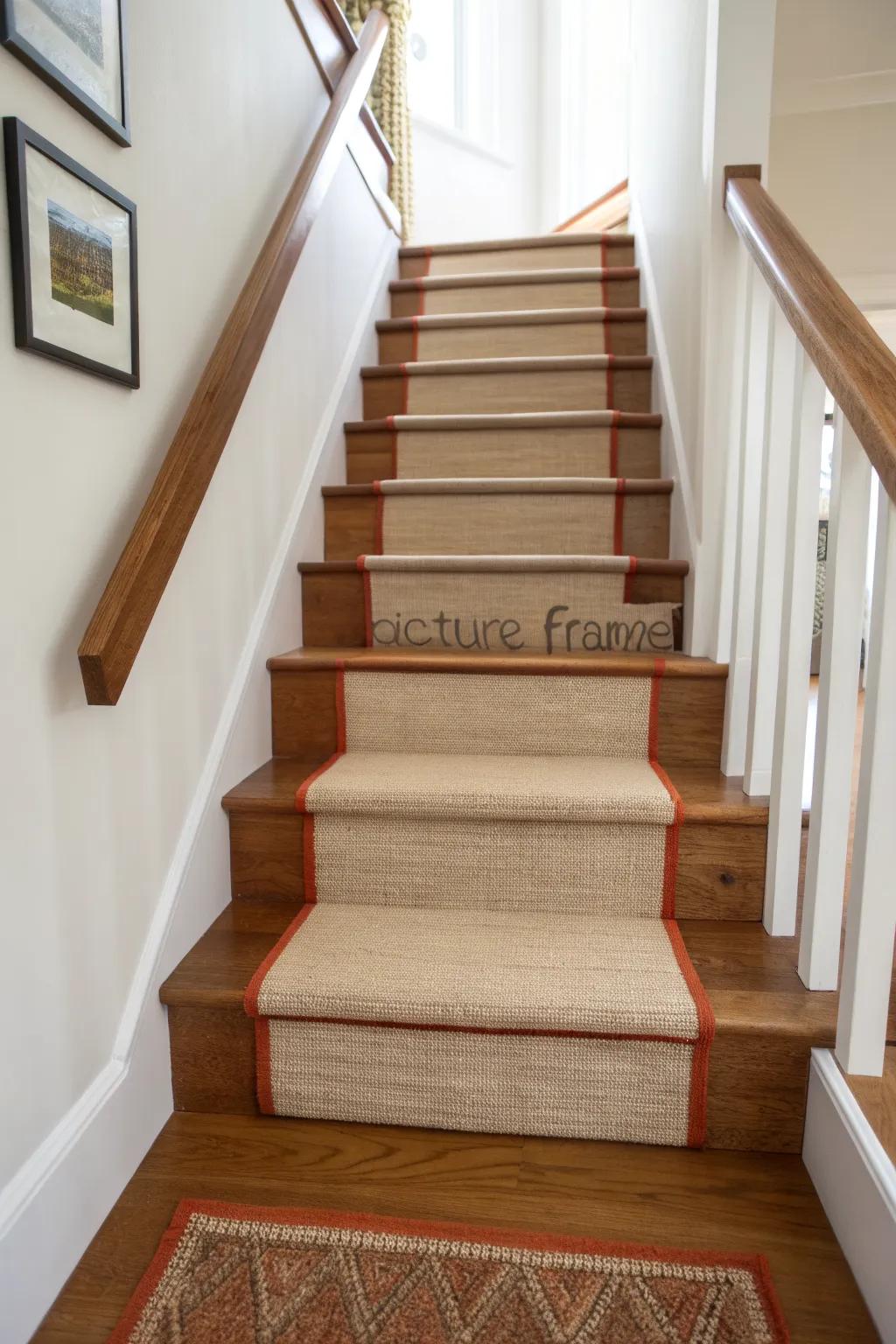 Bound “picture frame” edges turn each open stair tread into a warm, tailored accent.