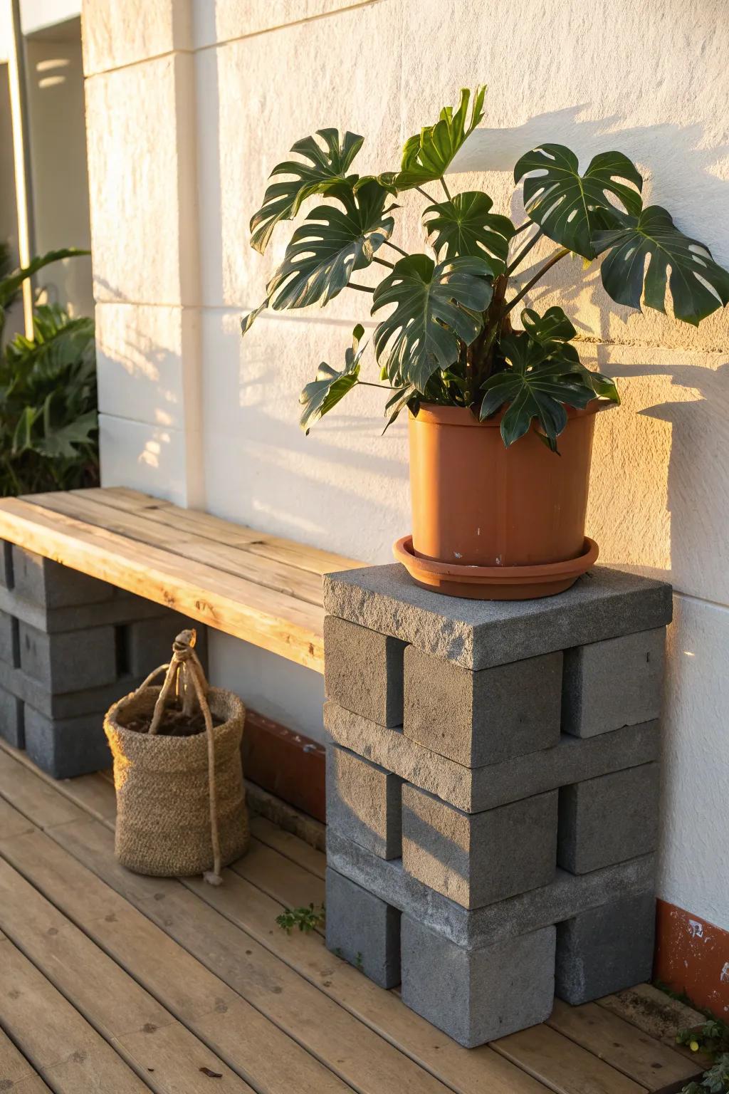 DIY block-and-plank bench that holds heavy pots—farmhouse sturdy, Scandi clean, Boho fresh.