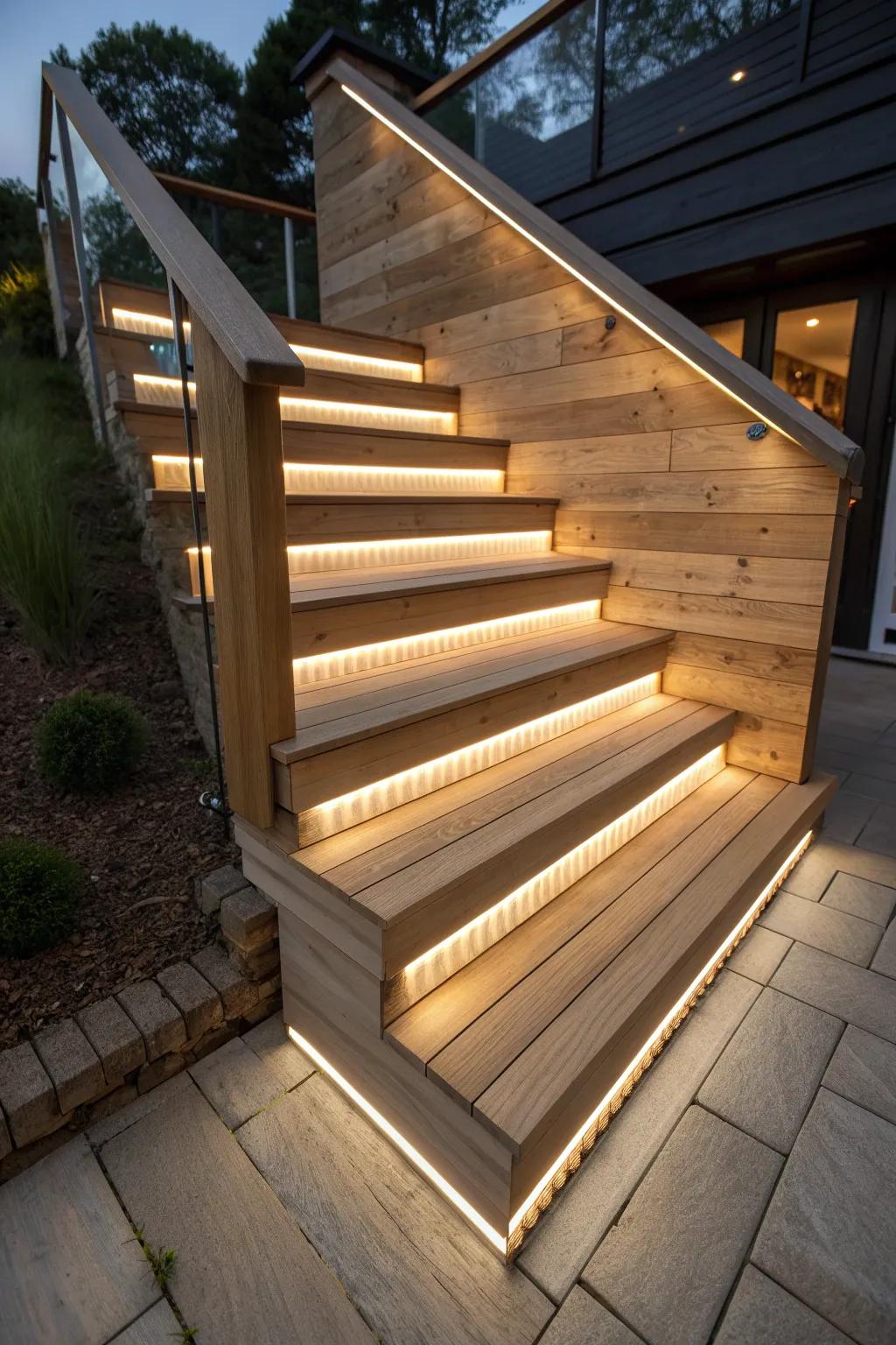 Built-in step lighting transforms outdoor stairs into a warm, safe glow path at night.