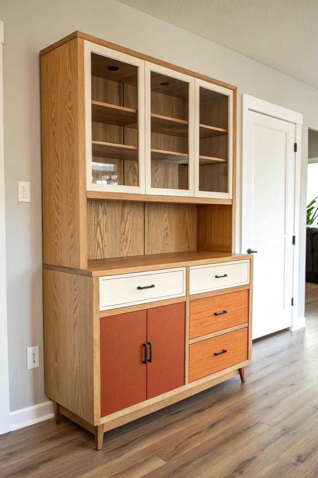 Color-blocked doors turn a painted buffet + hutch into a bold, modern statement piece.
