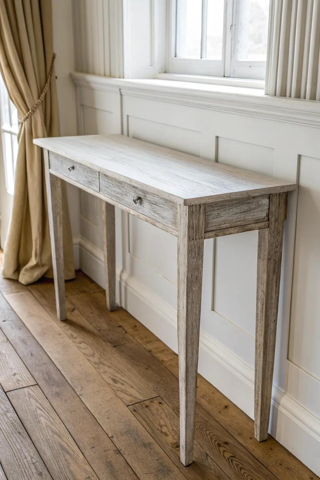 Paint-washed driftwood console table—soft grain, sunny window glow, minimalist boho charm.