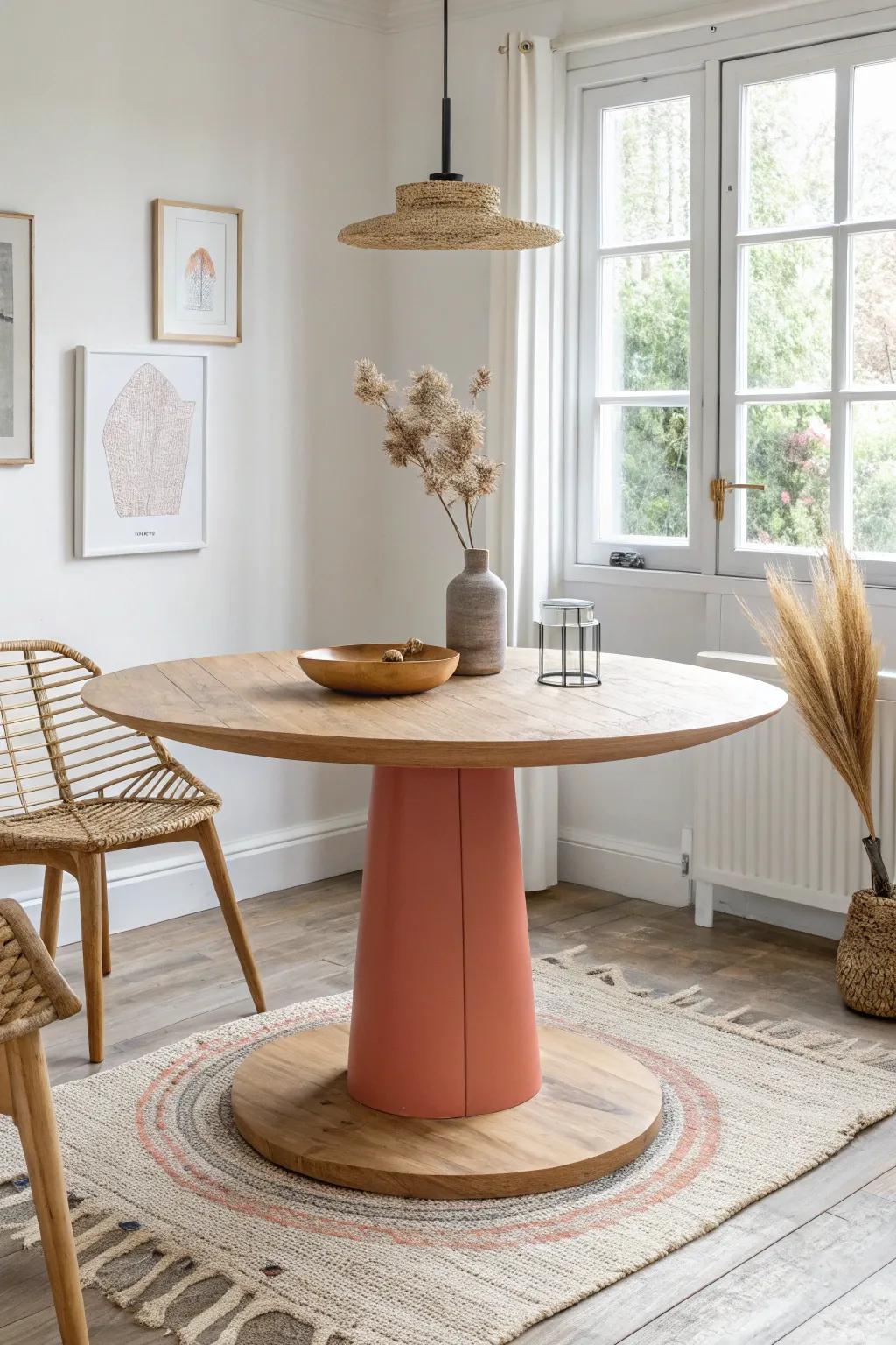 Bold coral pedestal base + natural wood top—an easy custom look with Scandinavian calm.