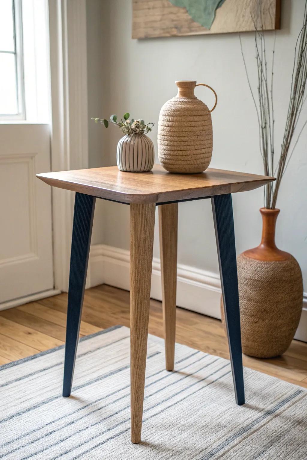 Ombre-painted legs fade from deep charcoal to ivory for a taller, lighter end table look.