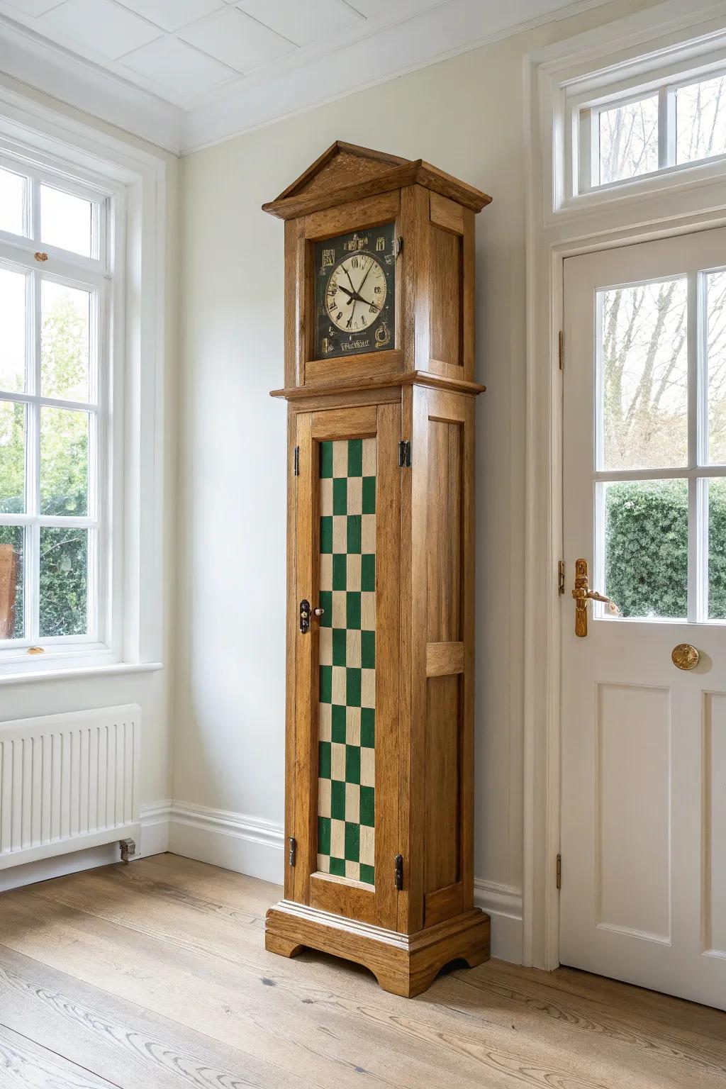 Matte checkered panel, natural oak trim—this painted grandfather clock looks custom made.