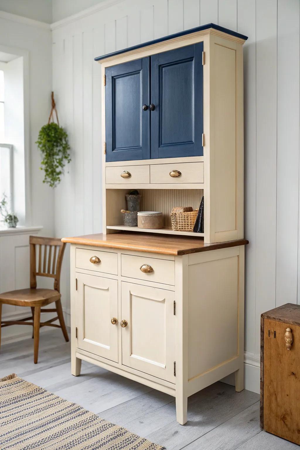 Deep-toned tambour door + soft neutral body—this painted Hoosier cabinet feels instantly elevated.