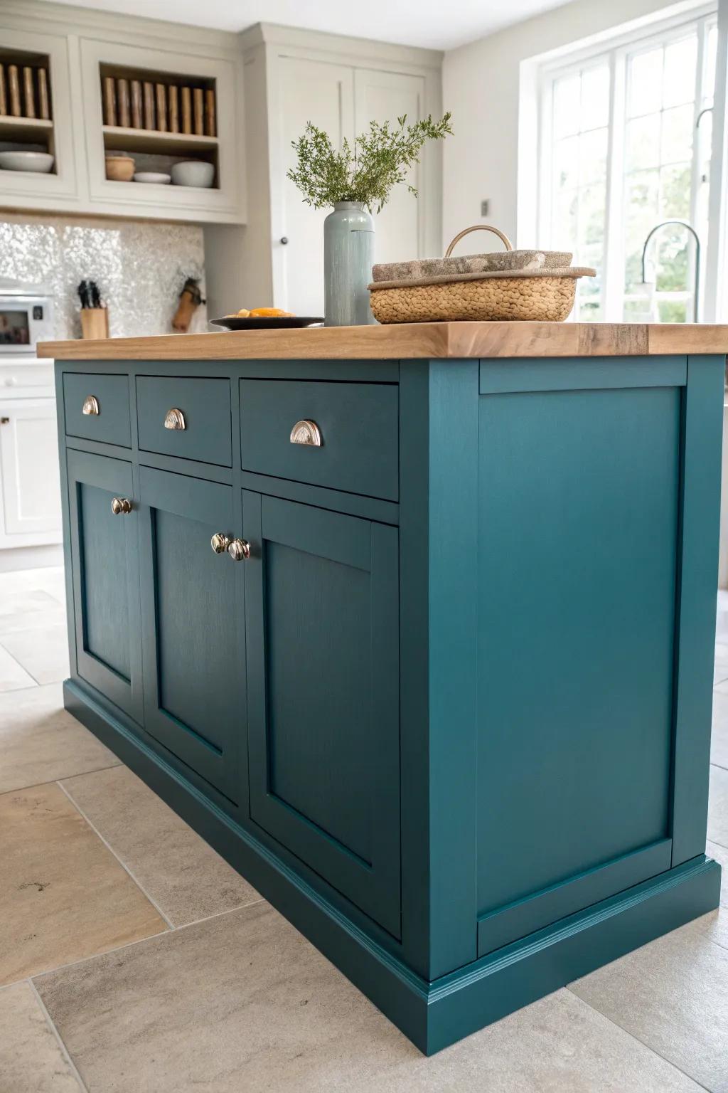 Deep teal satin-painted island: durable, wipe-clean, and beautifully crafted.
