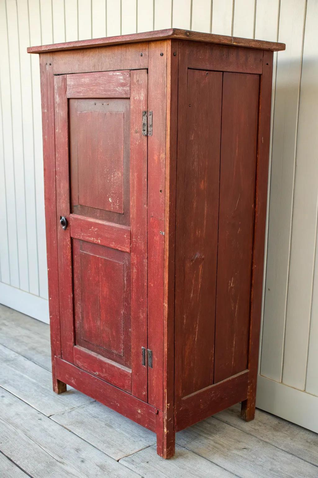 Primitive red pie safe with heavily worn edges and grimy tin inserts for true timeworn charm.