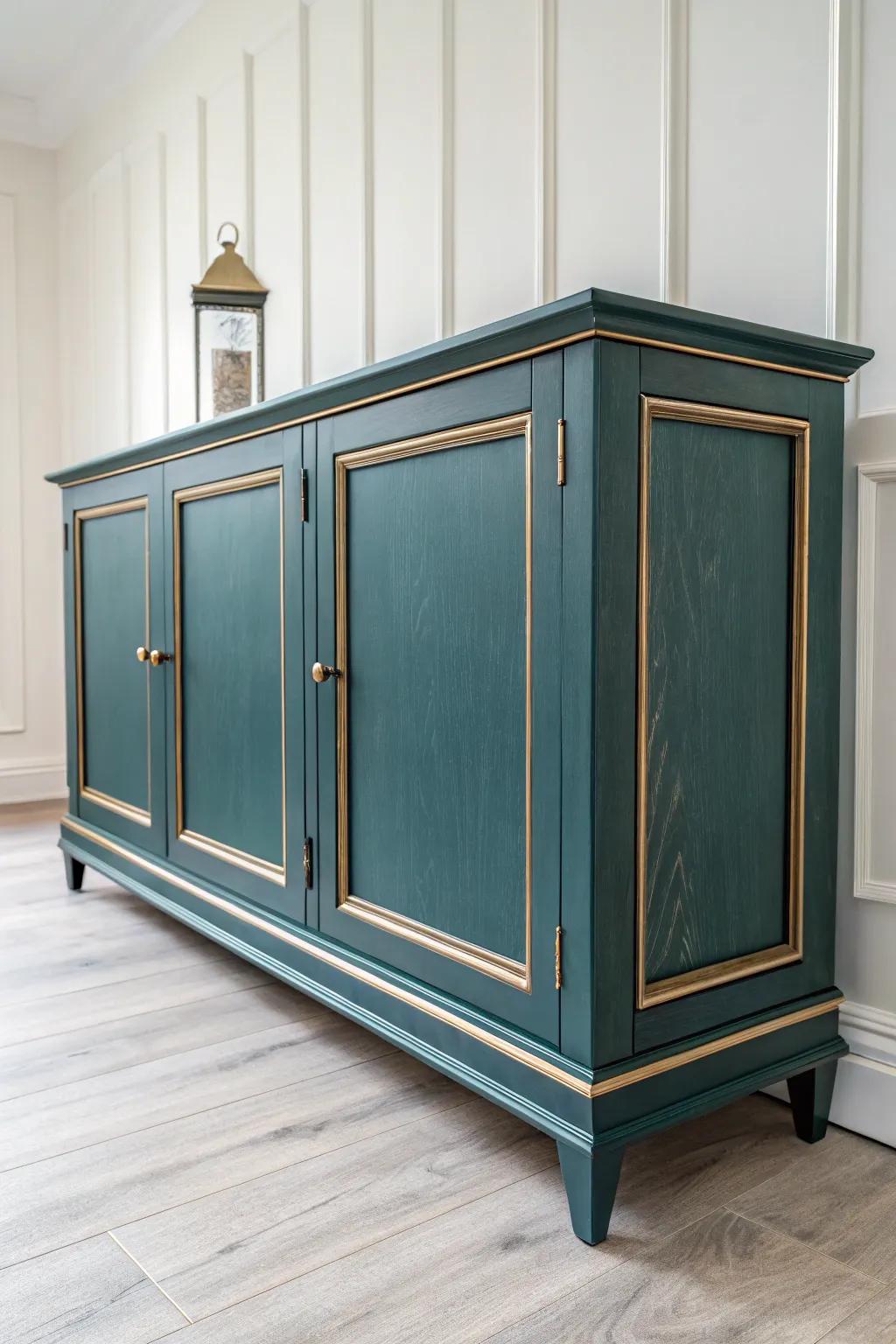 Matte teal sideboard with softly highlighted trim—an easy way to make craftsmanship pop.