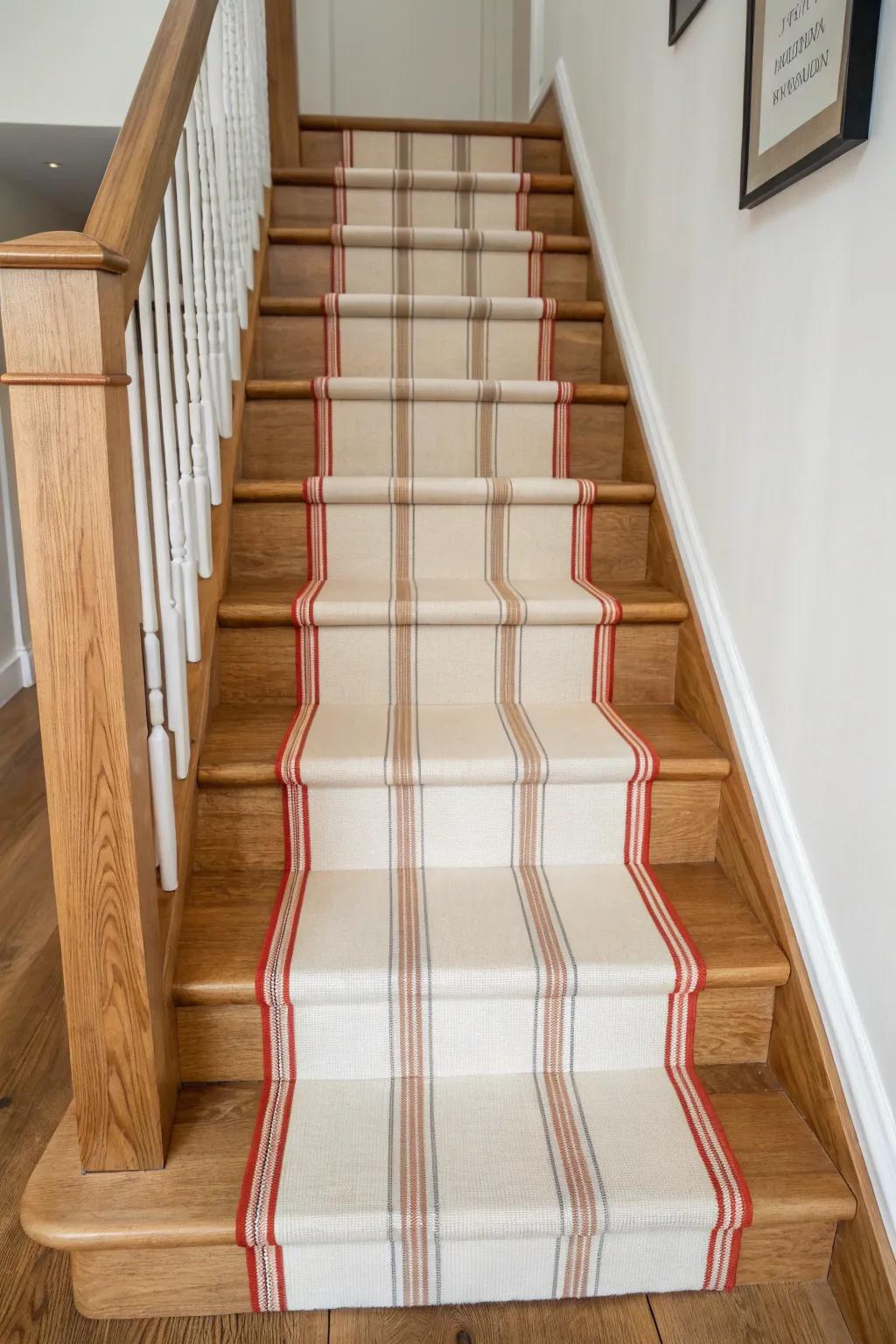 Painted faux runner + thin border stripes: a tailored look that makes stairs feel straighter.